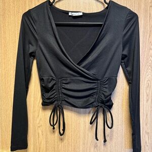 Black V-Neck Ruched Wrap Top